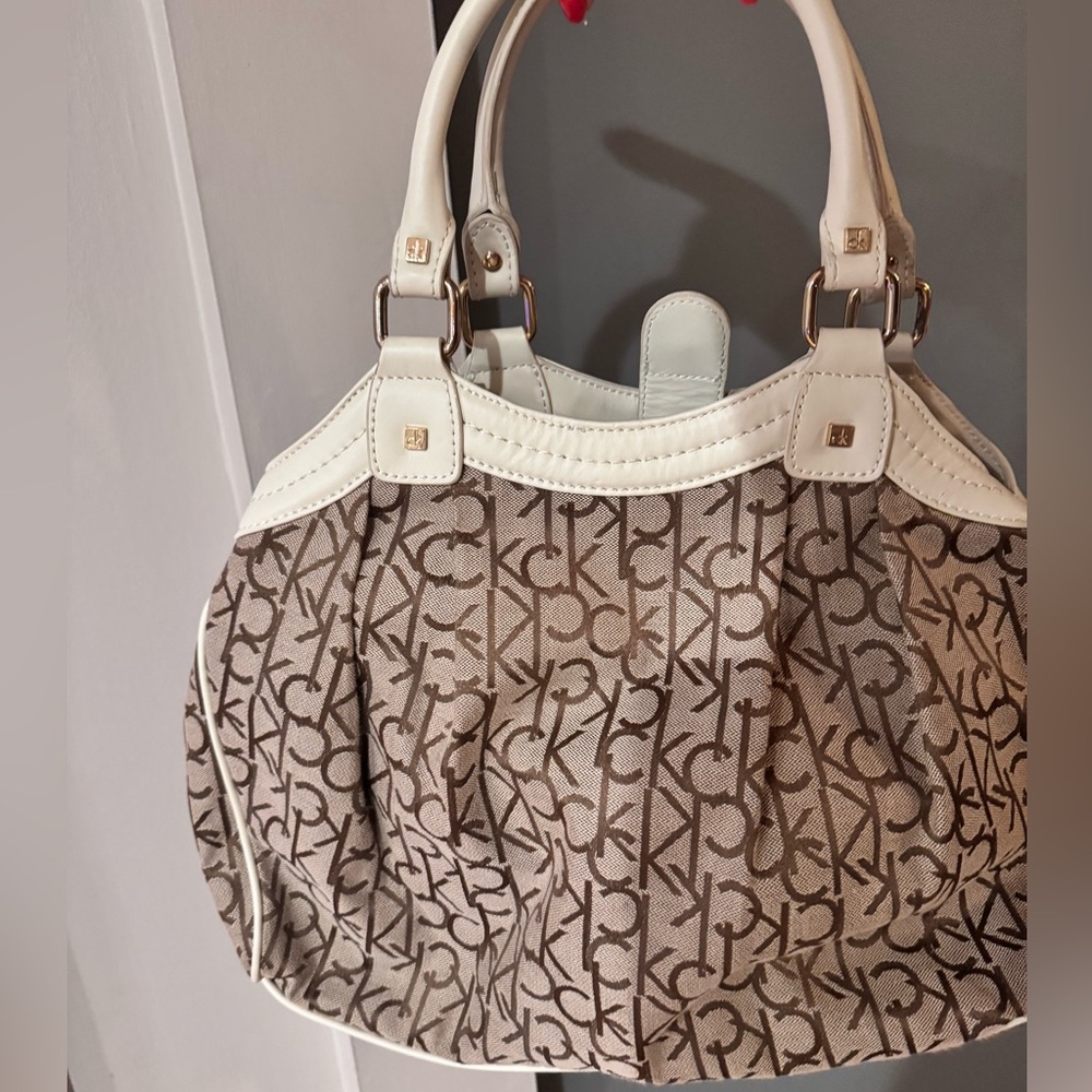 Calvin Klein Canvas Logo-Print Satchel Handbag in Brown and Cream